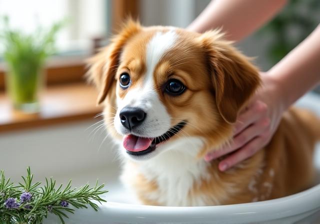 Dog receiving herbal conditioning treatment