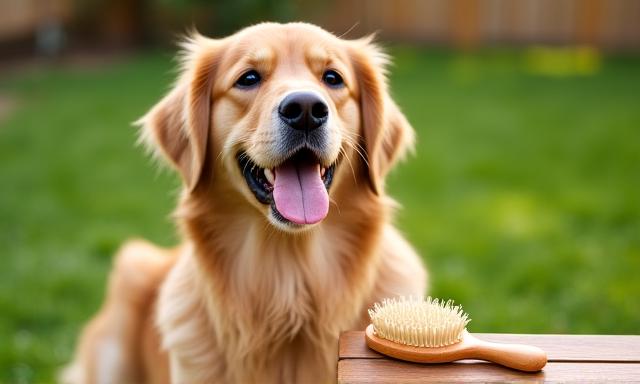 Golden Retriever being brushed outdoors