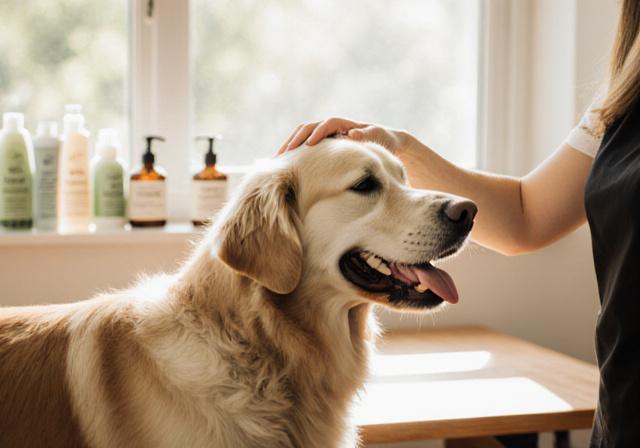 Happy dog receiving organic grooming treatment