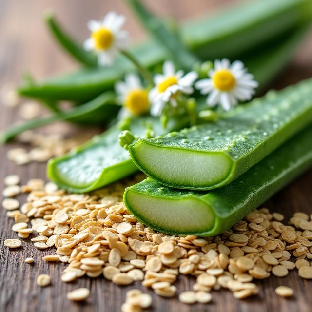 Organic chamomile and aloe vera leaves on a wooden table