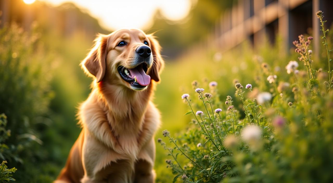 Happy dog playing in a natural herbal garden