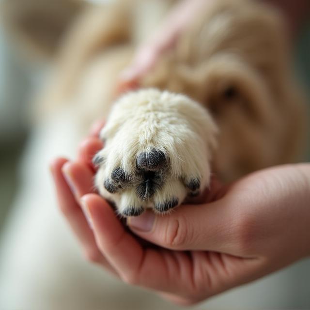 Organic paw balm being applied to a calm dog