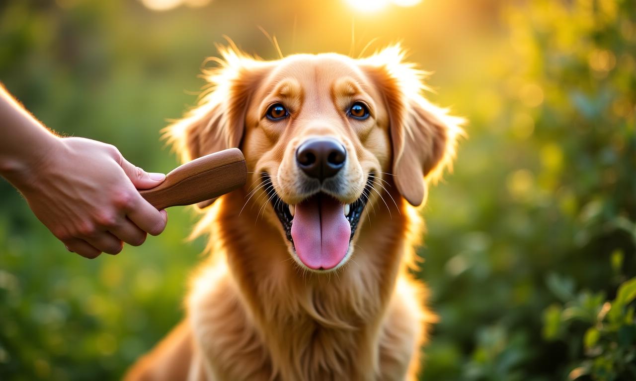 Golden Retriever being brushed in a sunlit garden