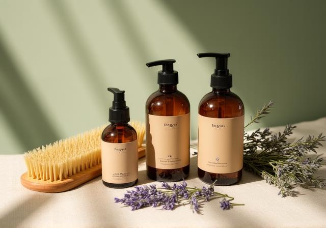 Artistic display of organic pet shampoos and wooden brushes