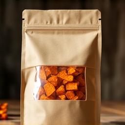 Dehydrated organic sweet potato dog treats in brown paper bag