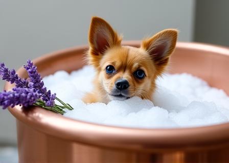 Dog in a soapy bath with lavender flowers